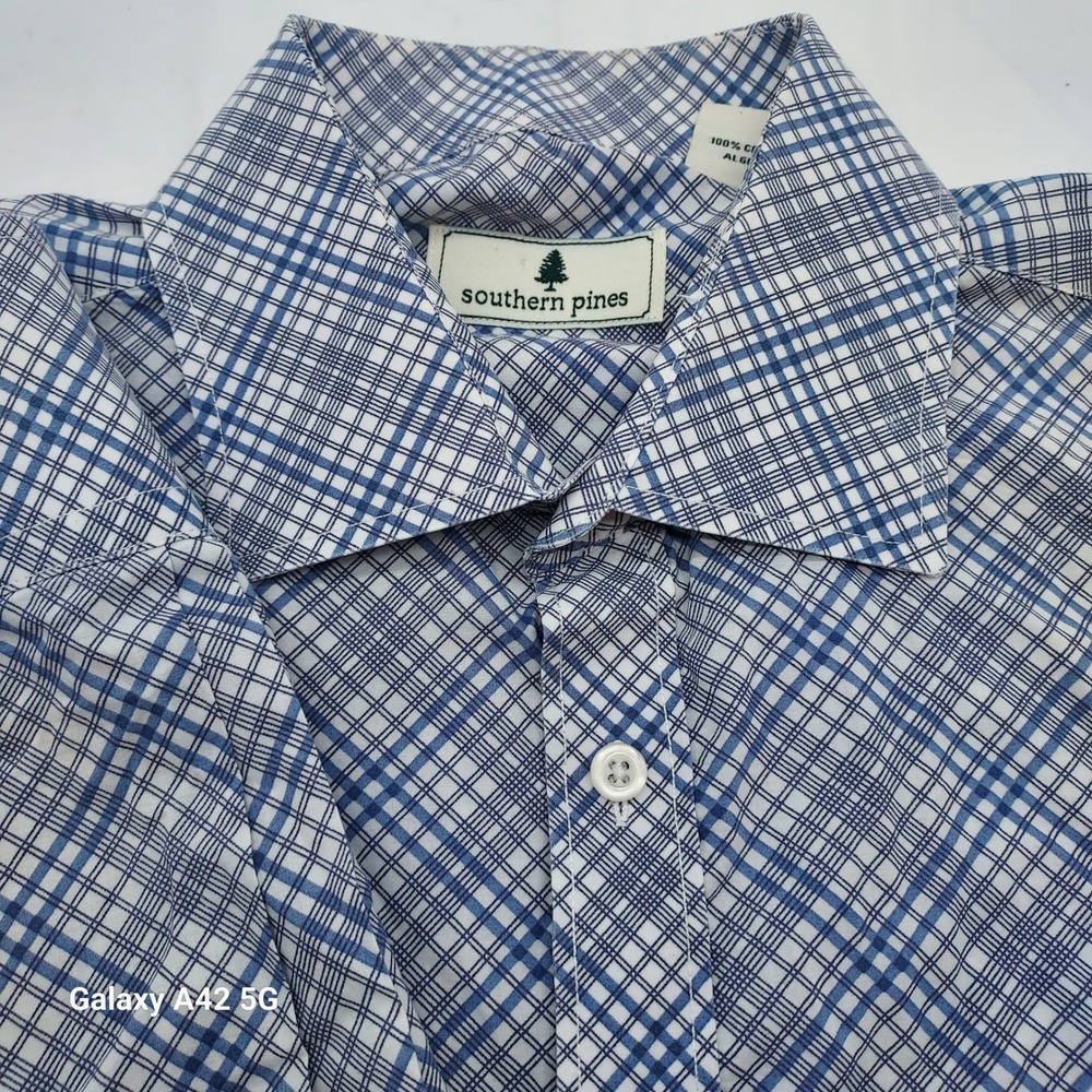 Southern Pines Mens Gingham Check Button‎ Down Shirt Blue White Size L